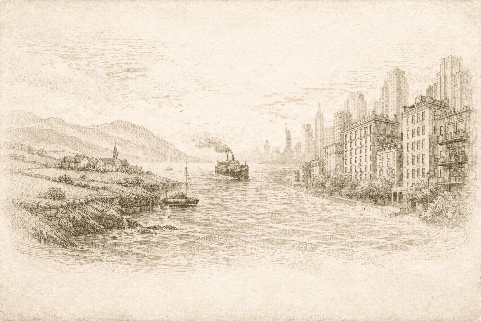 Etched artwork showing a passage from Ireland to New York across the water.