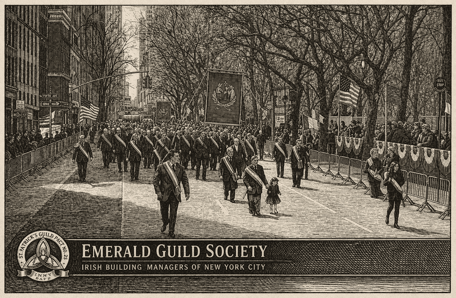 Etched parade scene showing the Emerald Guild Society in procession along a New York avenue.