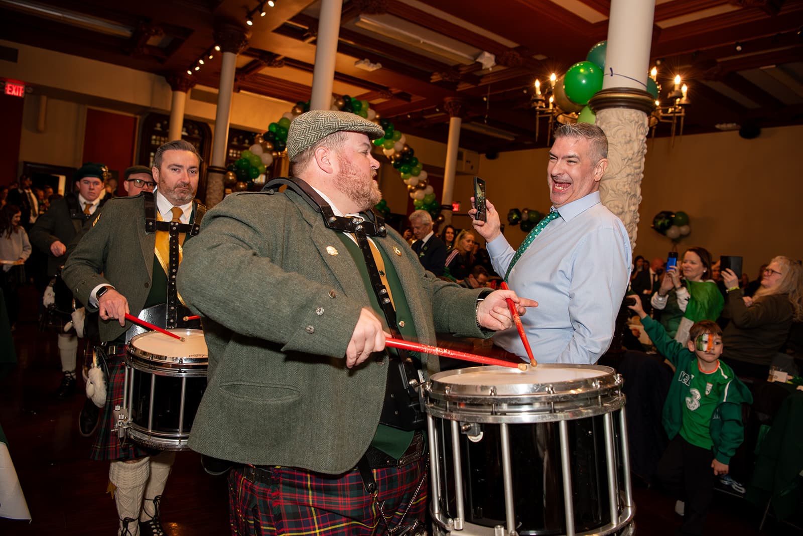 Marching drummers performing during the Guild's 2026 St. Patrick's Day gathering.