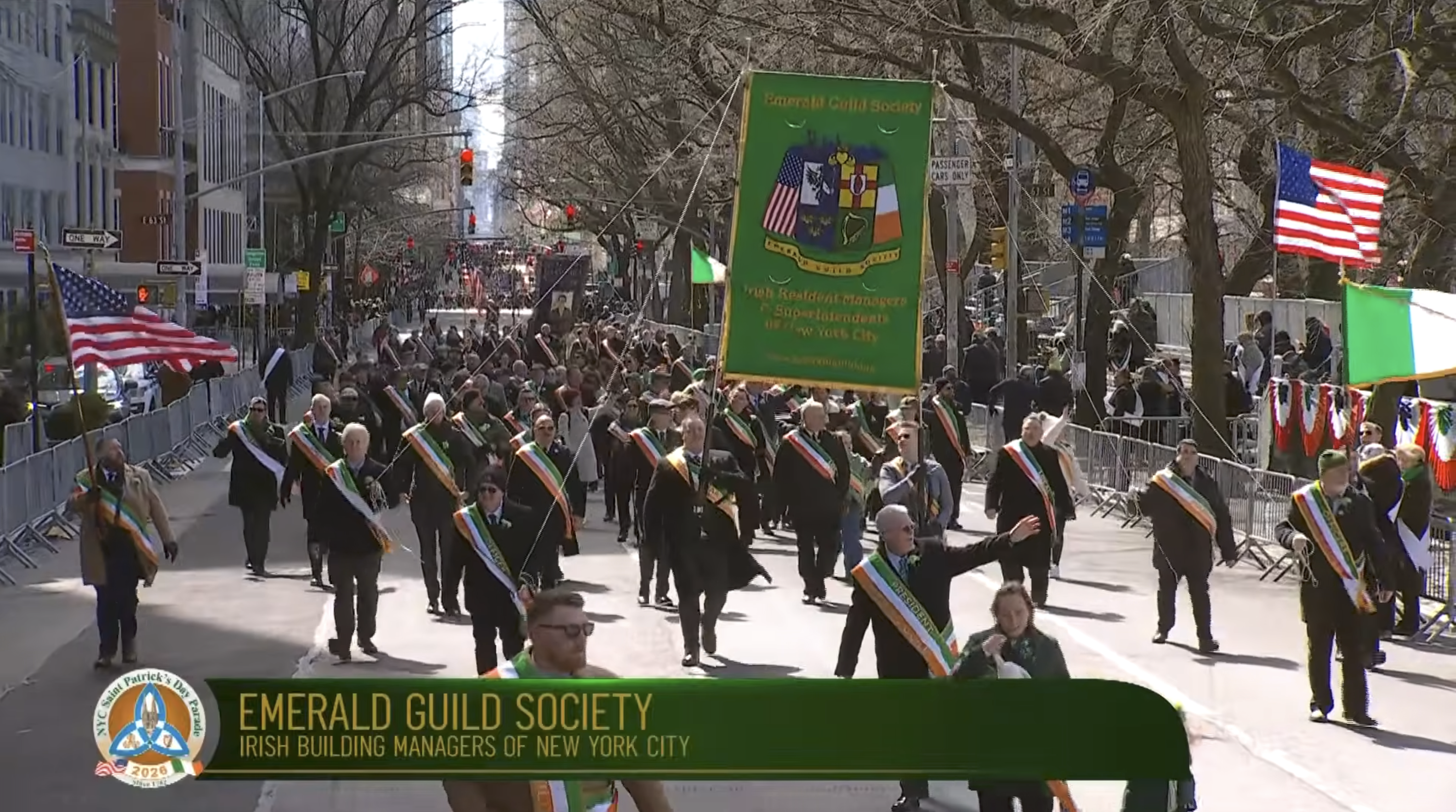 Emerald Guild Society members marching in the 2026 St. Patrick's Day Parade in New York City.